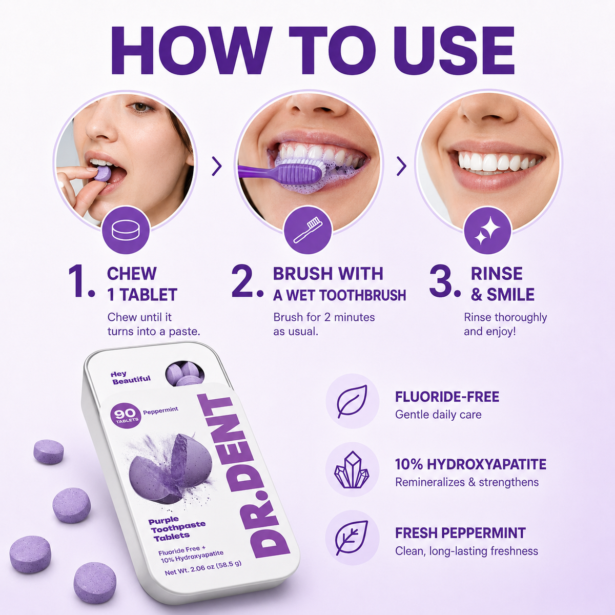 DR.DENT Purple Whitening Toothpaste Tablets – Hydroxyapatite + PAP
