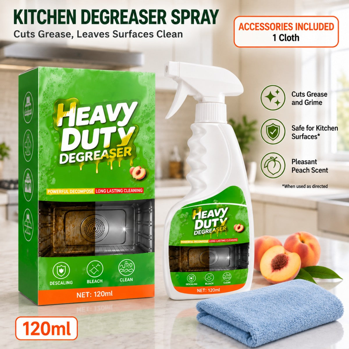 Heavy duty kitchen degreaser spray with box and cleaning towel