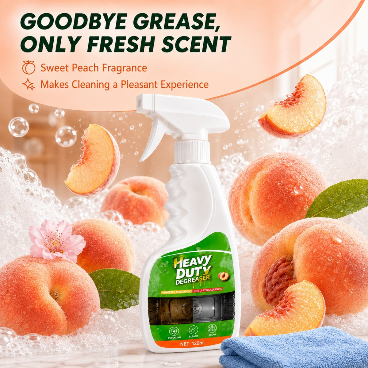 Peach scent kitchen grease cleaning spray