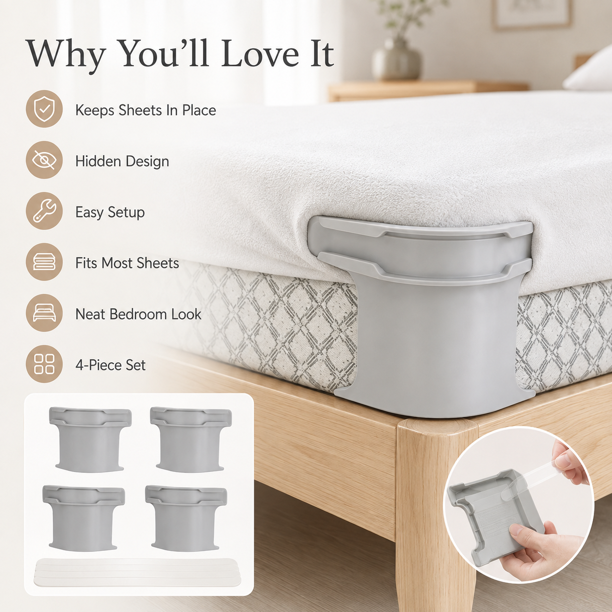 🔥 50% Off Limited Time——Invisible Bed Sheet Gripper Set – Mattress Sheet Holder &amp; Fitted Sheet Fixer