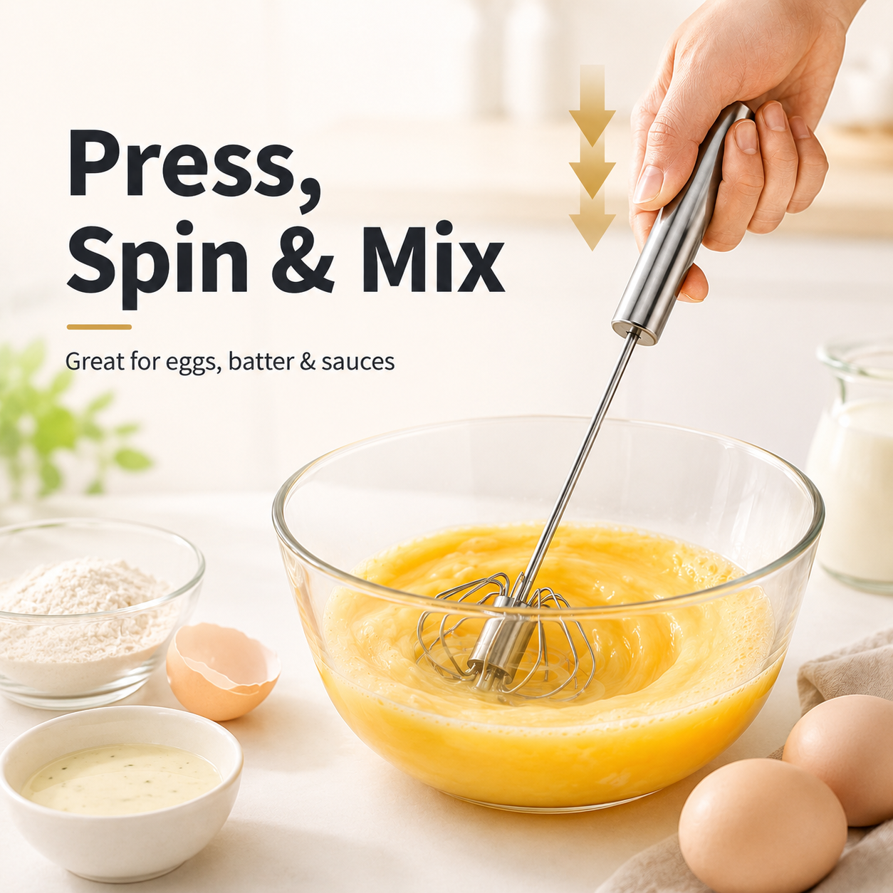 🔥 50% Off Limited Time ——Stainless Steel Semi-Automatic Push Whisk – Handheld Rotary Egg Beater