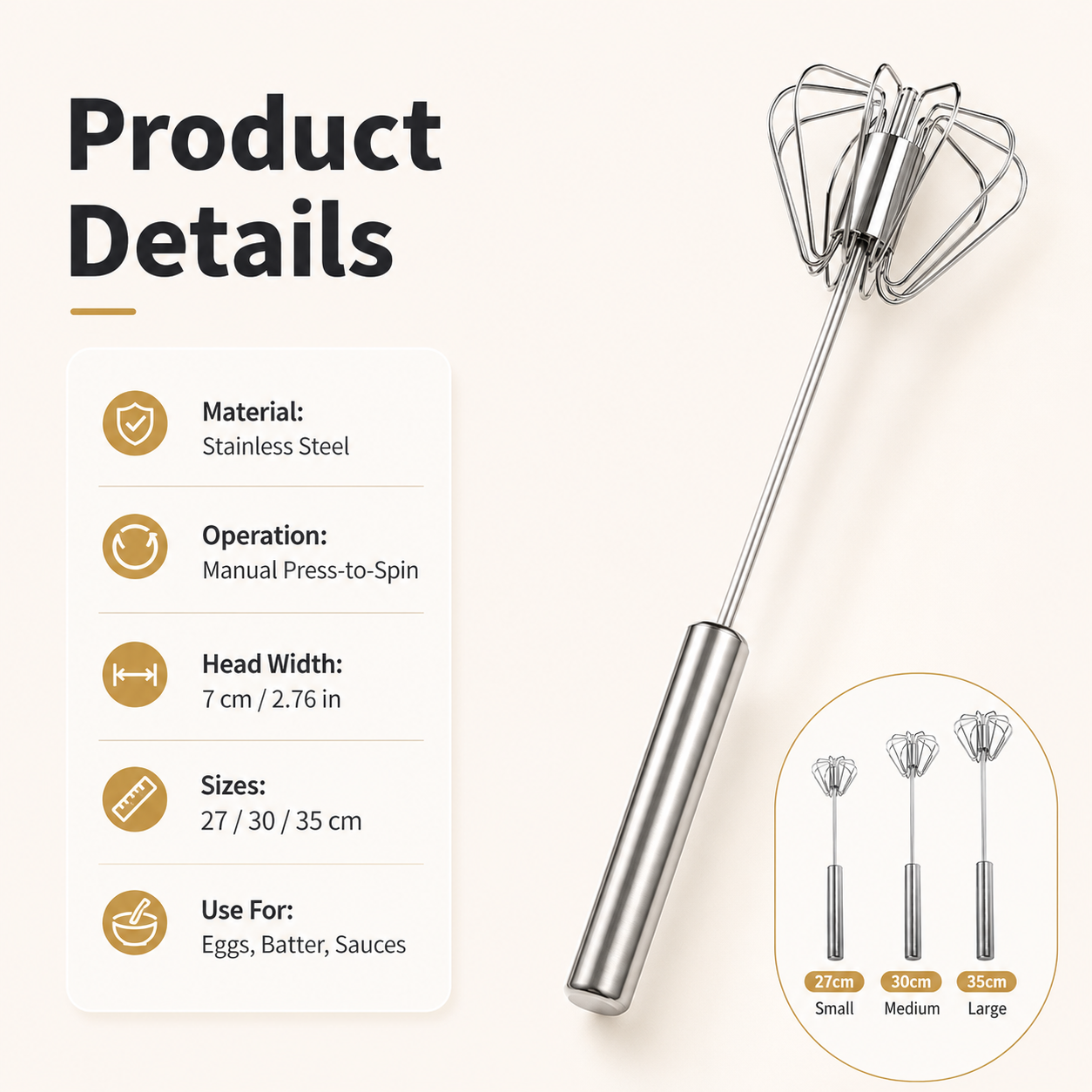 🔥 50% Off Limited Time ——Stainless Steel Semi-Automatic Push Whisk – Handheld Rotary Egg Beater