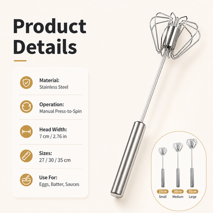 🔥 50% Off Limited Time ——Stainless Steel Semi-Automatic Push Whisk – Handheld Rotary Egg Beater