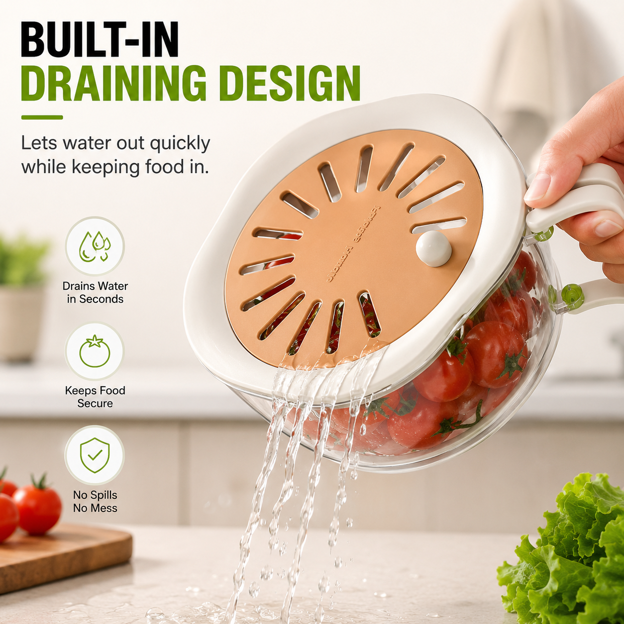 Built in draining design for produce washing bowl
