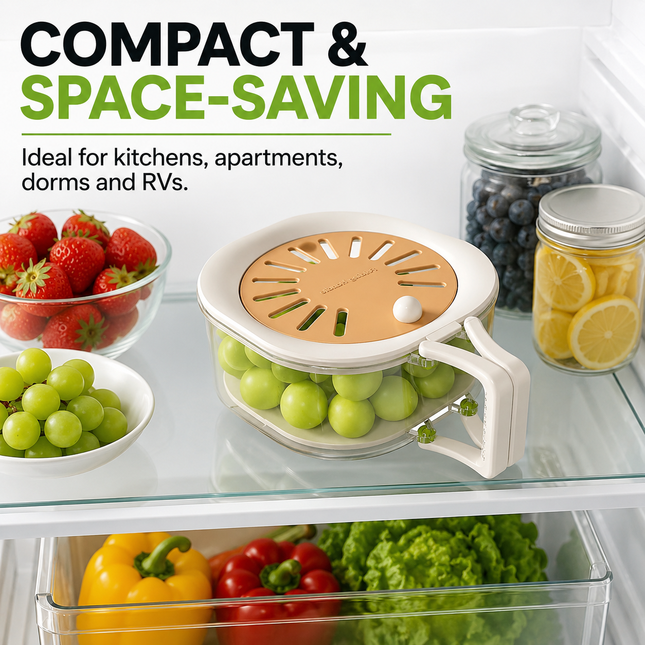 Compact fruit washing bowl for kitchen refrigerator storage