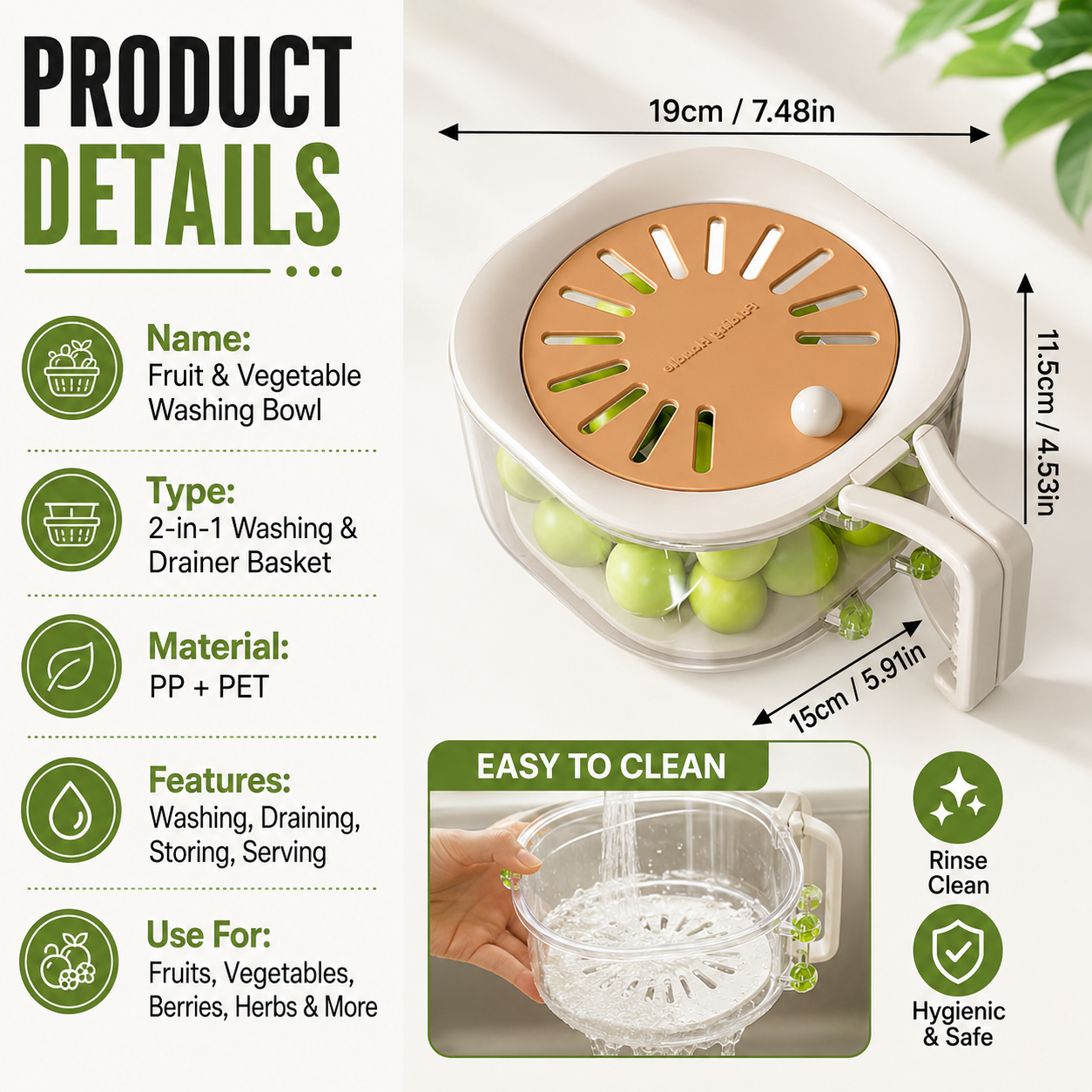 Fruit and vegetable washing bowl dimensions and product details