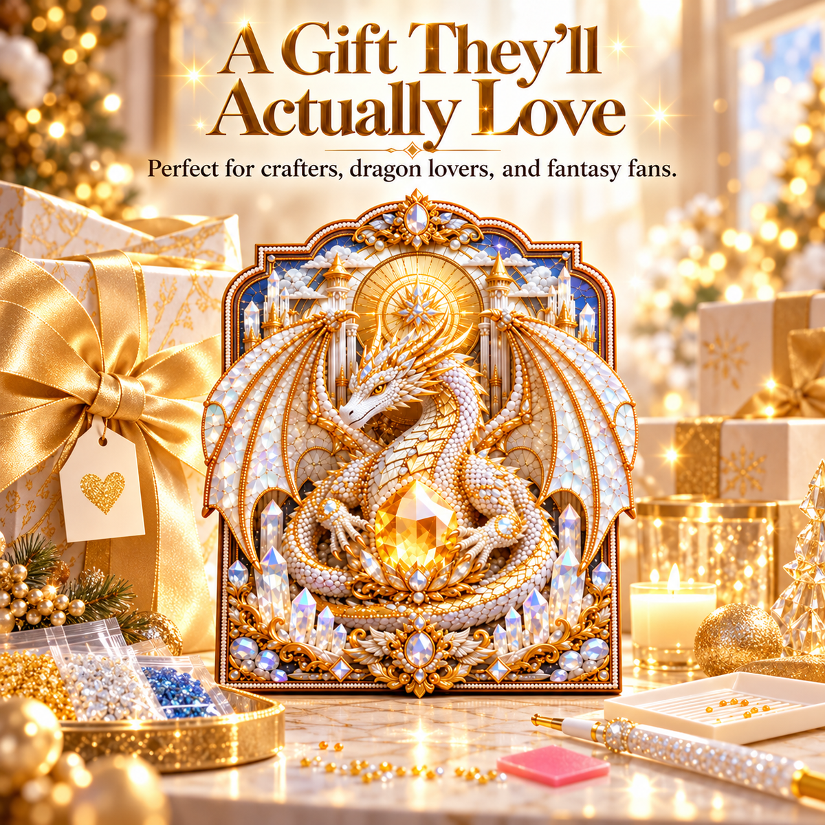 🐉 Dragon Diamond Painting Kit – Holy Guardian Crystal Pearl DIY Fantasy Wall Art