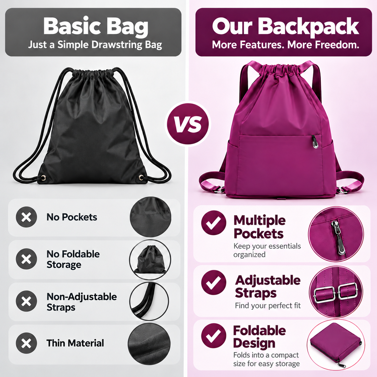 🎒 Lightweight Foldable Drawstring Backpack