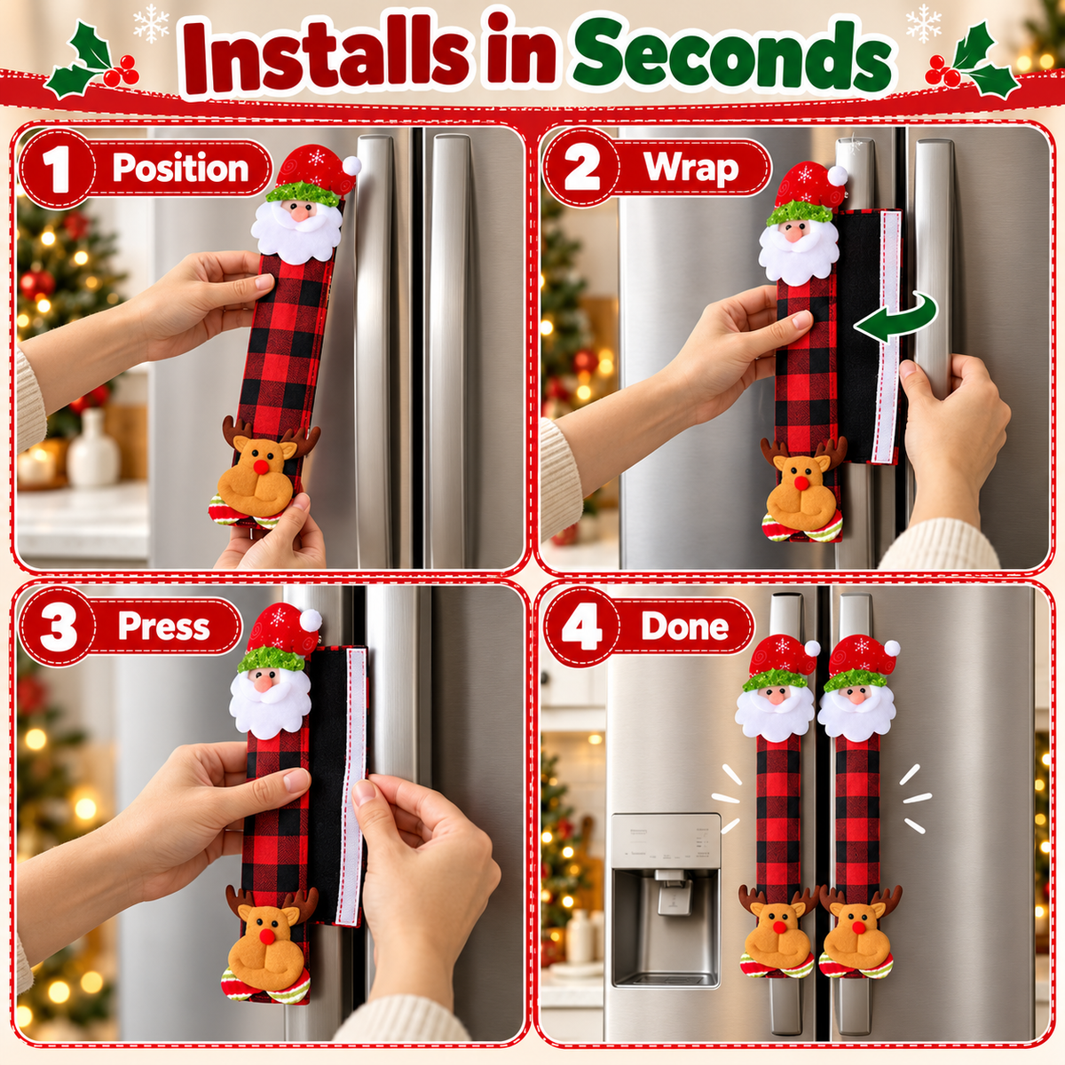 🎄 Christmas Refrigerator Handle Covers – Festive 4-Piece Buffalo Plaid Set