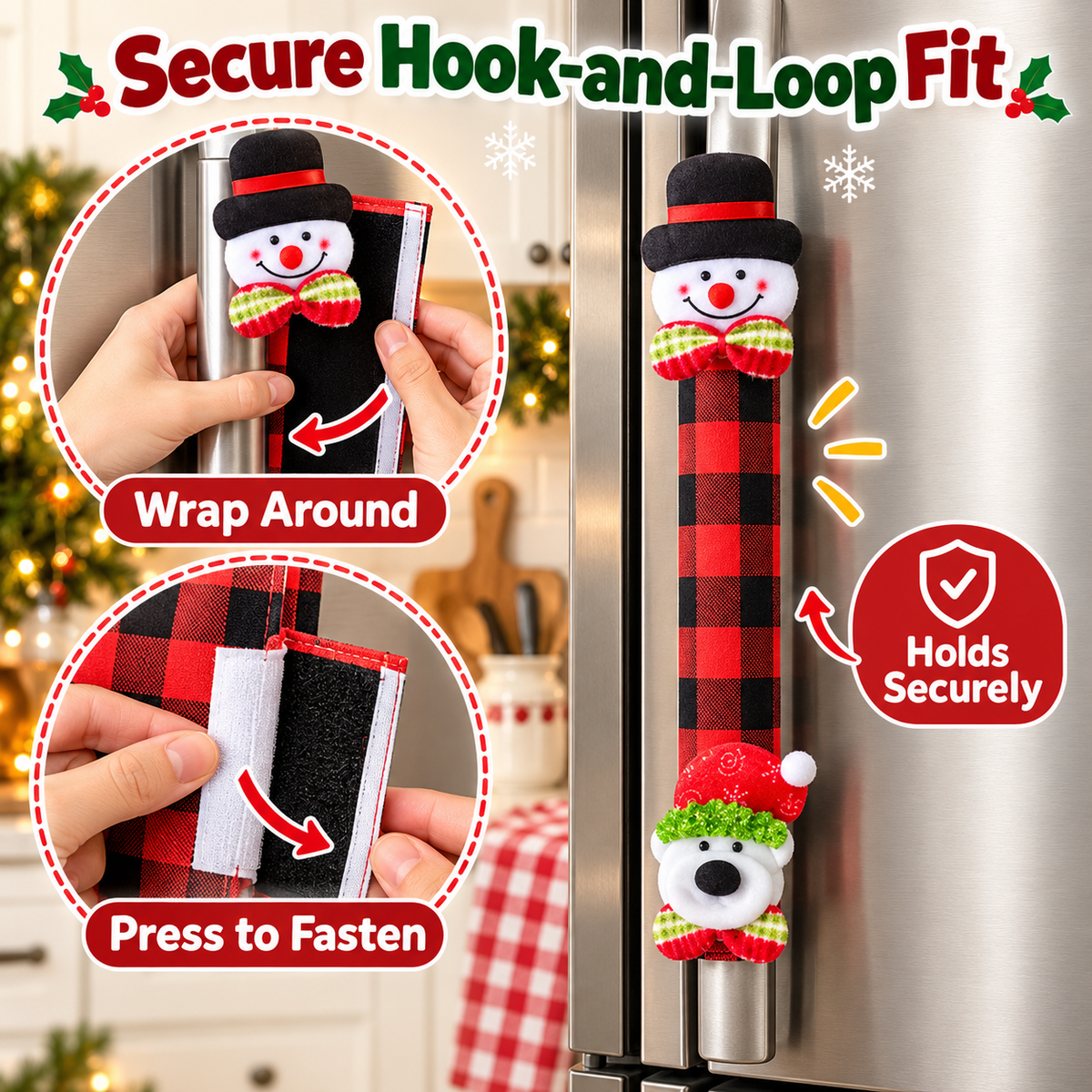 🎄 Christmas Refrigerator Handle Covers – Festive 4-Piece Buffalo Plaid Set