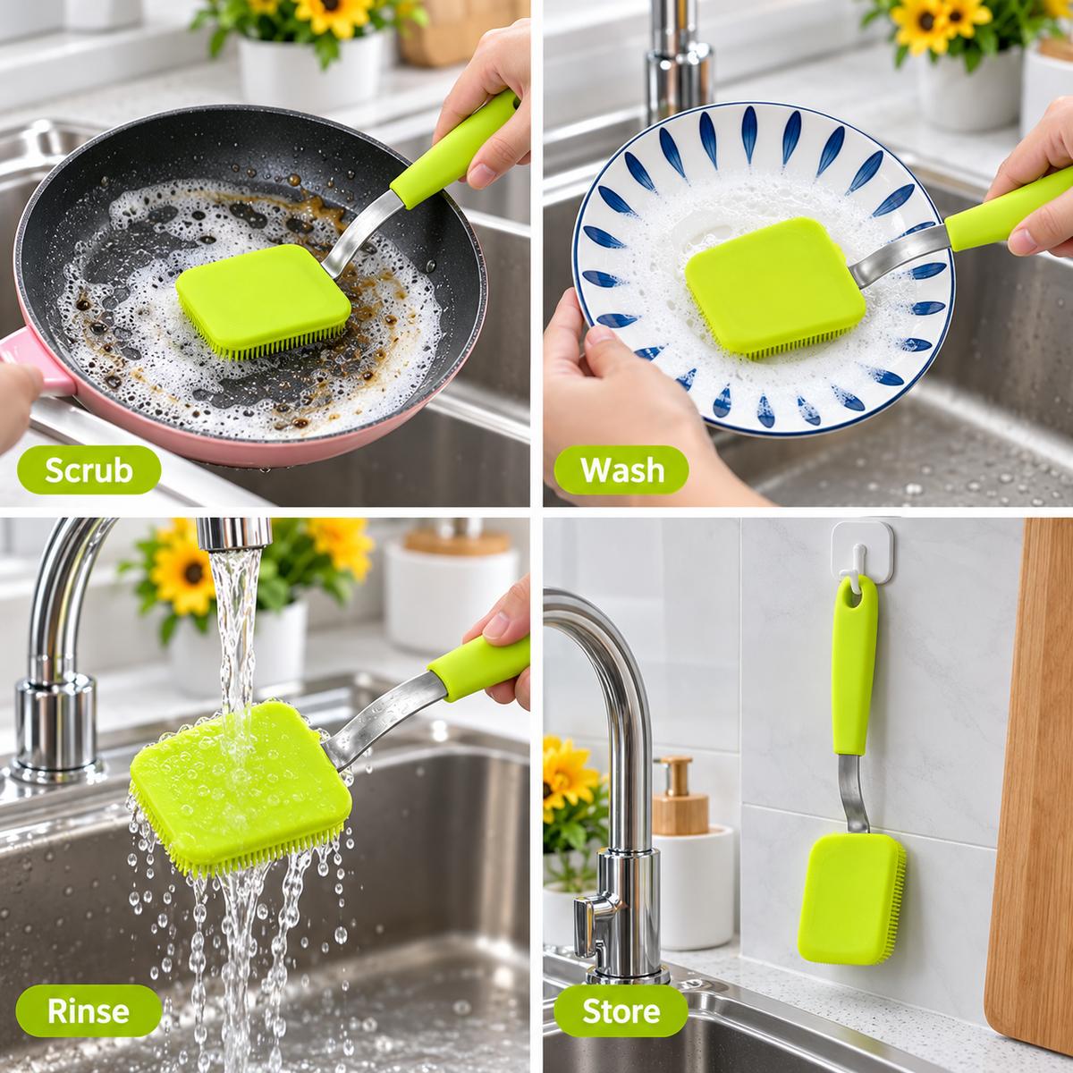 🧽 Silicone Kitchen Scrub Brush — Make Dishwashing Easier!