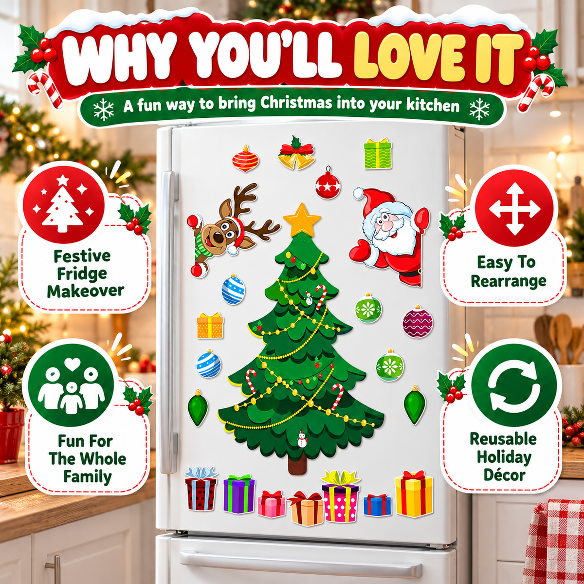🎄 Magnetic Christmas Tree Decorations – Santa & Reindeer Fridge Magnet Set