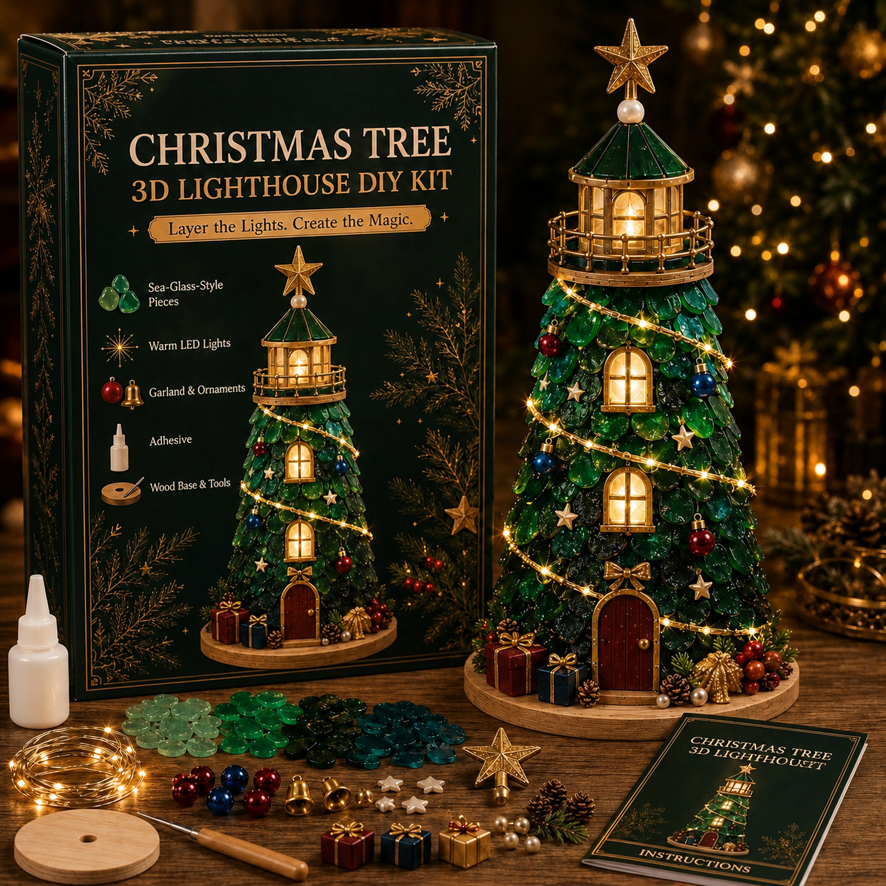 🎄Beginner-Friendly DIY Lighted Christmas Character Sea Glass-Style Lighthouse Kit Collection | Complete Kit with Sea Glass-Style Pieces, LED Lights & Step-by-Step Guide Included 💕