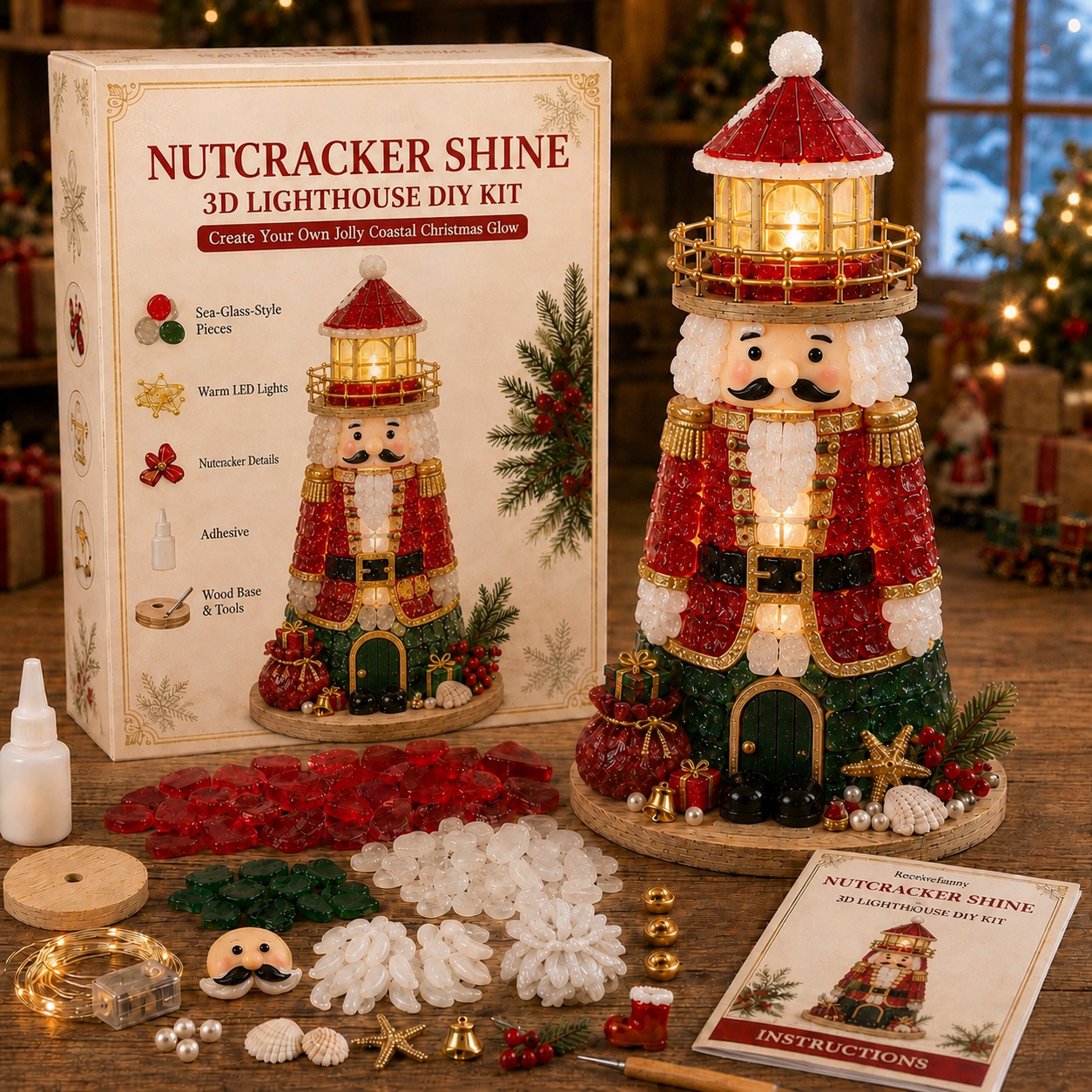 🎄Beginner-Friendly DIY Lighted Christmas Character Sea Glass-Style Lighthouse Kit Collection | Complete Kit with Sea Glass-Style Pieces, LED Lights & Step-by-Step Guide Included 💕