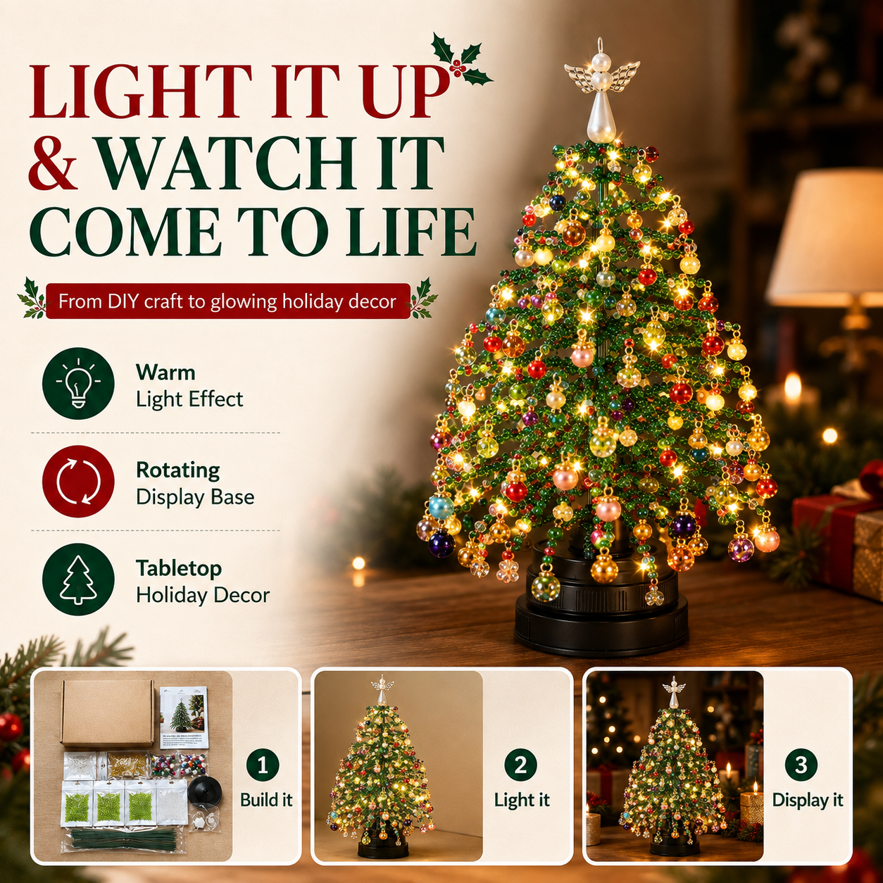 🔥 LIMITED-TIME 50% OFF——DIY Beaded Christmas Tree Kit – Light-Up Rotating Tabletop Holiday Decor