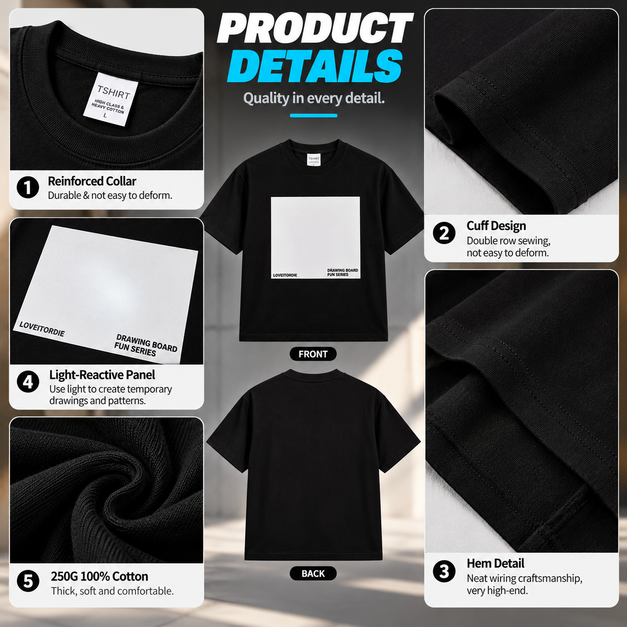 Light reactive T-shirt construction and fabric details