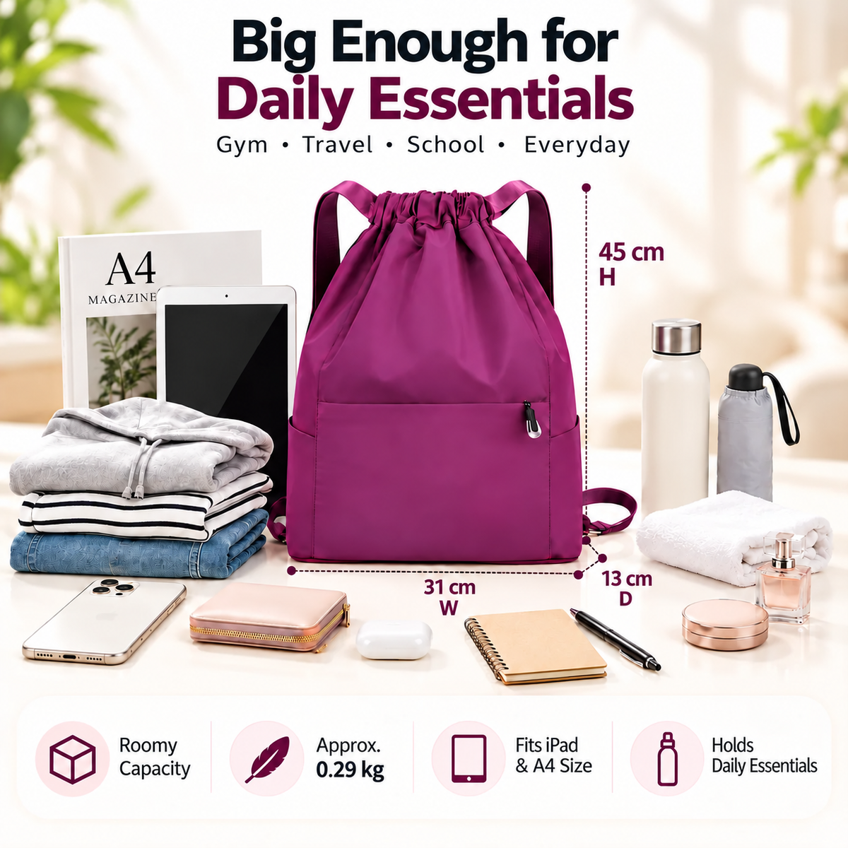 🎒 Lightweight Foldable Drawstring Backpack