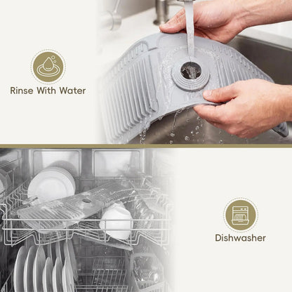 Flexible silicone sink splash guard mat being rinsed and cleaned in dishwasher