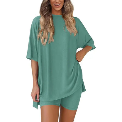 🔥Last Day 60% OFF🔥Crewneck Two-Piece Set For Women Summer Casual Oversized Split Hem Shirts