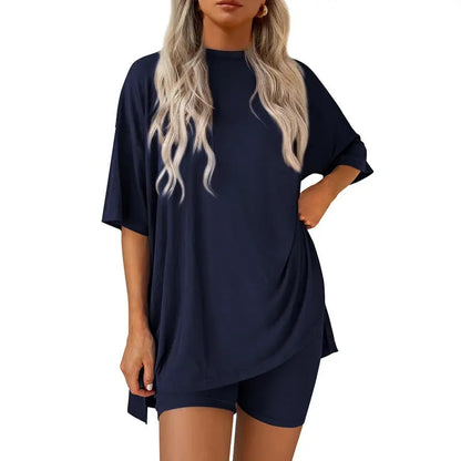 🔥Last Day 60% OFF🔥Crewneck Two-Piece Set For Women Summer Casual Oversized Split Hem Shirts