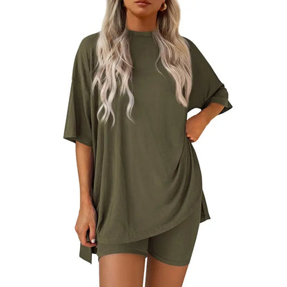 🔥Last Day 60% OFF🔥Crewneck Two-Piece Set For Women Summer Casual Oversized Split Hem Shirts