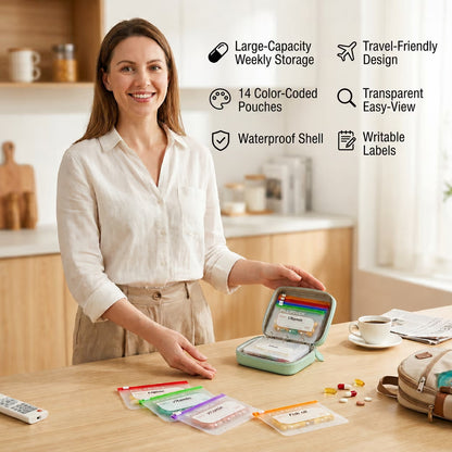 🔥Hot Sale 50% OFF🔥 💊A8 Waterproof 14-Pouch Weekly Pill Organizer, Color-Coded Travel Storage for Vitamins & Supplements