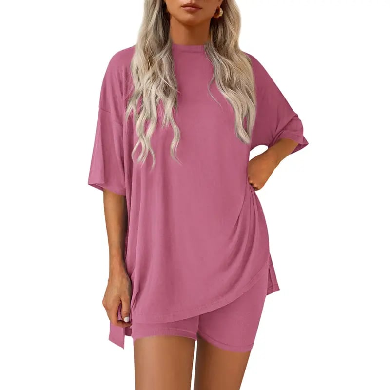 🔥Last Day 60% OFF🔥Crewneck Two-Piece Set For Women Summer Casual Oversized Split Hem Shirts