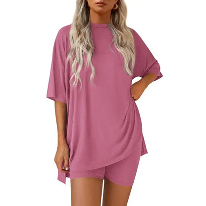 🔥Last Day 60% OFF🔥Crewneck Two-Piece Set For Women Summer Casual Oversized Split Hem Shirts