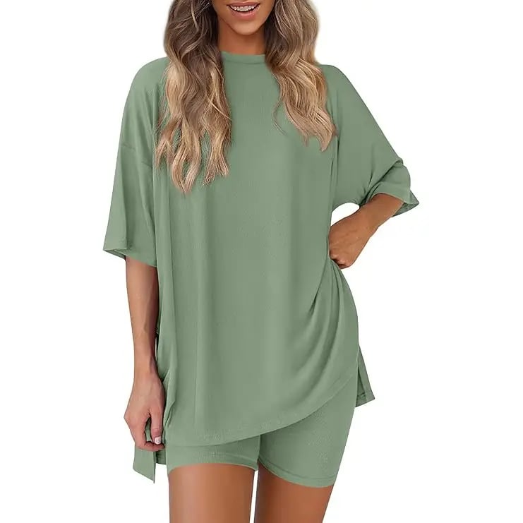 🔥Last Day 60% OFF🔥Crewneck Two-Piece Set For Women Summer Casual Oversized Split Hem Shirts