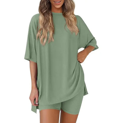 🔥Last Day 60% OFF🔥Crewneck Two-Piece Set For Women Summer Casual Oversized Split Hem Shirts