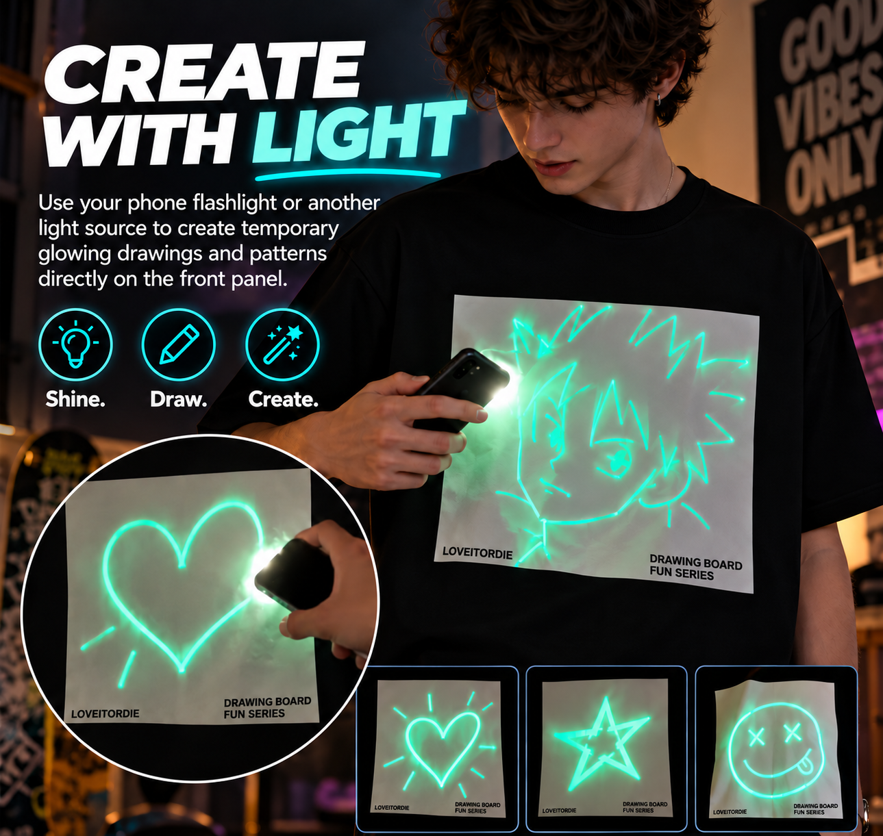 How to use a flashlight to draw on the light reactive T-shirt