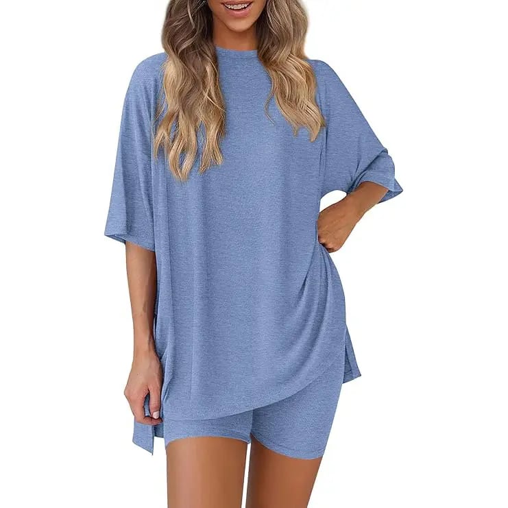 🔥Last Day 60% OFF🔥Crewneck Two-Piece Set For Women Summer Casual Oversized Split Hem Shirts