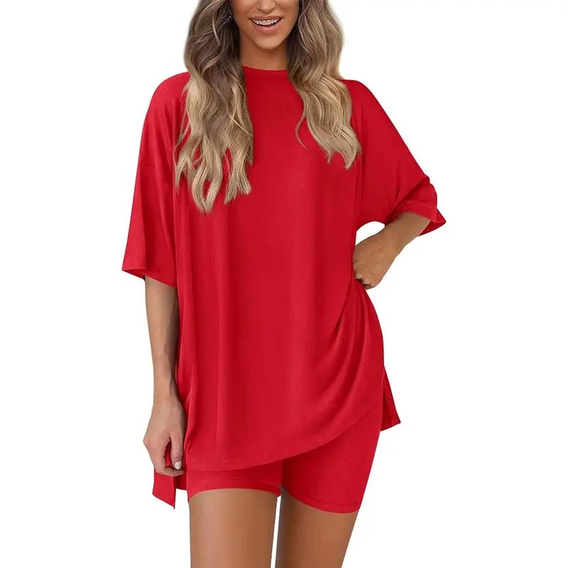 🔥Last Day 60% OFF🔥Crewneck Two-Piece Set For Women Summer Casual Oversized Split Hem Shirts