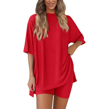 🔥Last Day 60% OFF🔥Crewneck Two-Piece Set For Women Summer Casual Oversized Split Hem Shirts