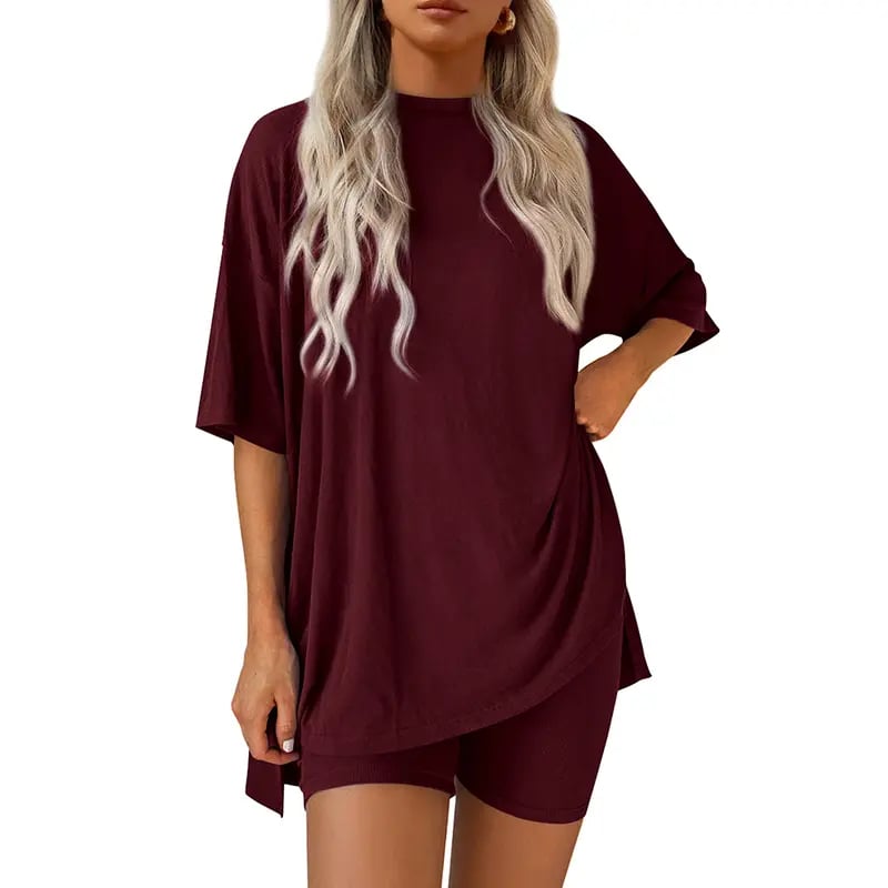 🔥Last Day 60% OFF🔥Crewneck Two-Piece Set For Women Summer Casual Oversized Split Hem Shirts