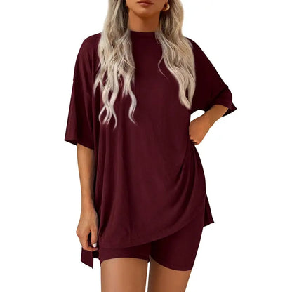 🔥Last Day 60% OFF🔥Crewneck Two-Piece Set For Women Summer Casual Oversized Split Hem Shirts