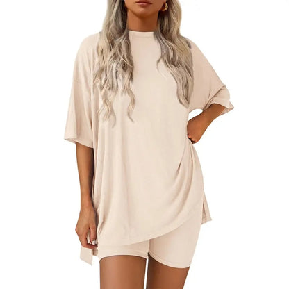 🔥Last Day 60% OFF🔥Crewneck Two-Piece Set For Women Summer Casual Oversized Split Hem Shirts