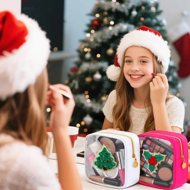 🎄 Limited Time 40% OFF | Christmas Mini Makeup Bag Set with Festive Chenille Patch Design ✨
