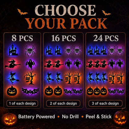 🔥LAST DAY 49% OFF | Renter-Friendly Peel & Stick Halloween LED Window Lights, No Drill No Residue, 8 Spooky Silhouette Designs