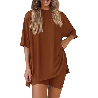 🔥Last Day 60% OFF🔥Crewneck Two-Piece Set For Women Summer Casual Oversized Split Hem Shirts