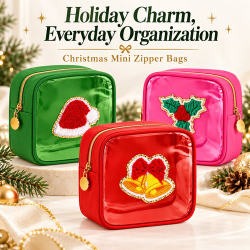 🎄 Limited Time 40% OFF | Christmas Mini Makeup Bag Set with Festive Chenille Patch Design ✨