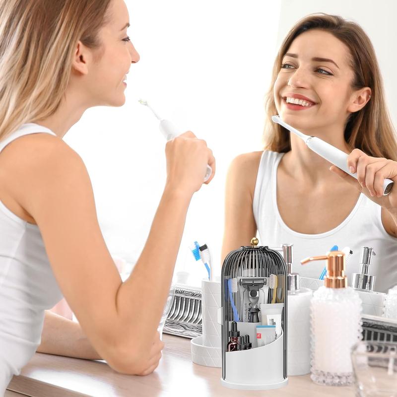 360° Rotating Toothbrush Holder with Cover - Clear Compact Vanity Organizer