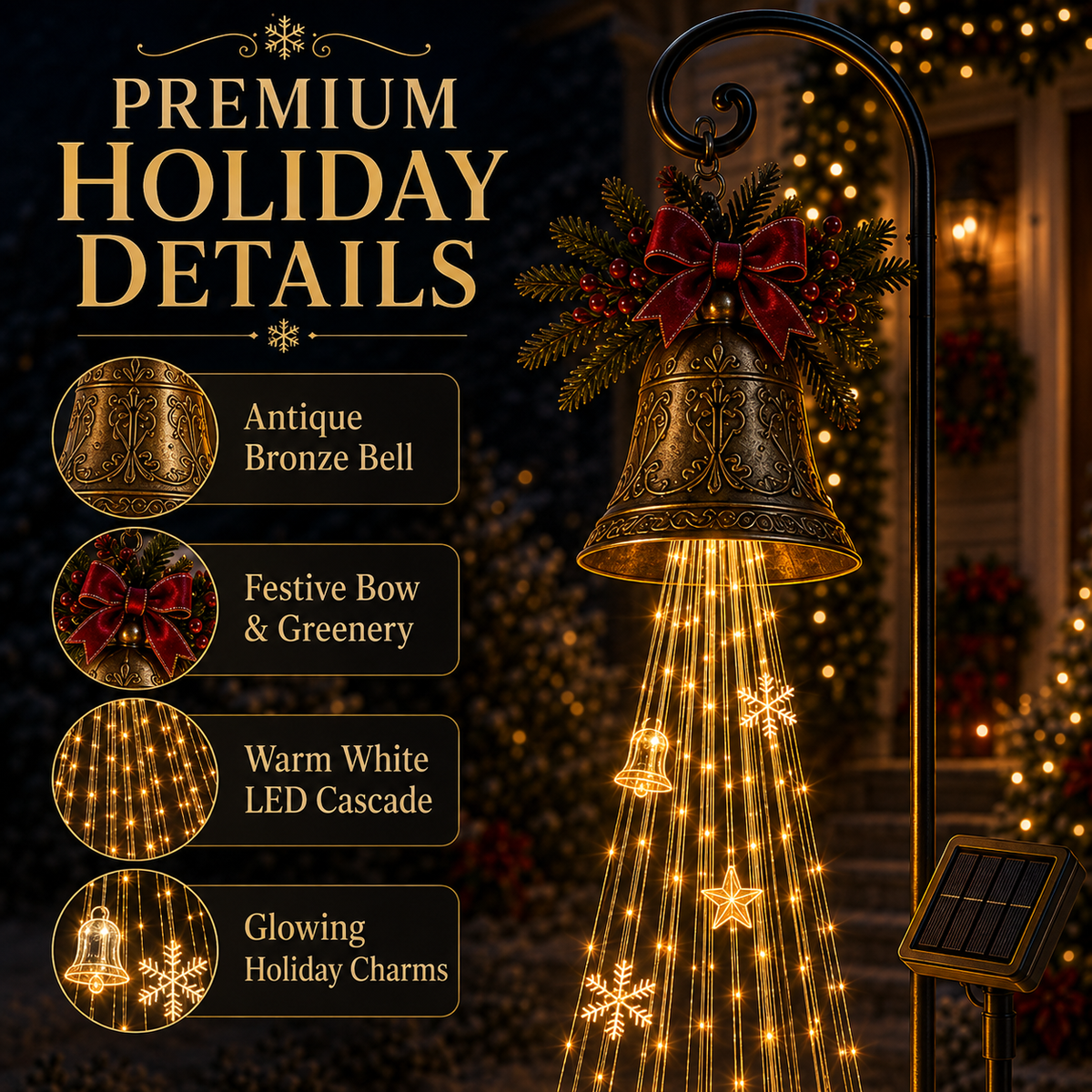 Christmas Bell Cascade solar yard light - premium holiday details
