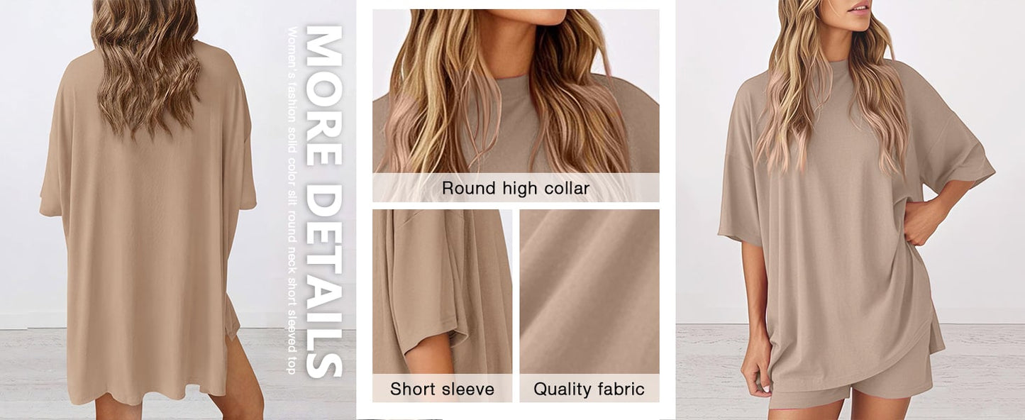 🔥Last Day 60% OFF🔥Crewneck Two-Piece Set For Women Summer Casual Oversized Split Hem Shirts
