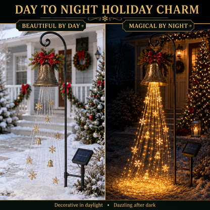 Christmas Bell Cascade solar yard light - day and night comparison