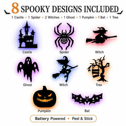 🔥LAST DAY 49% OFF | Renter-Friendly Peel & Stick Halloween LED Window Lights, No Drill No Residue, 8 Spooky Silhouette Designs