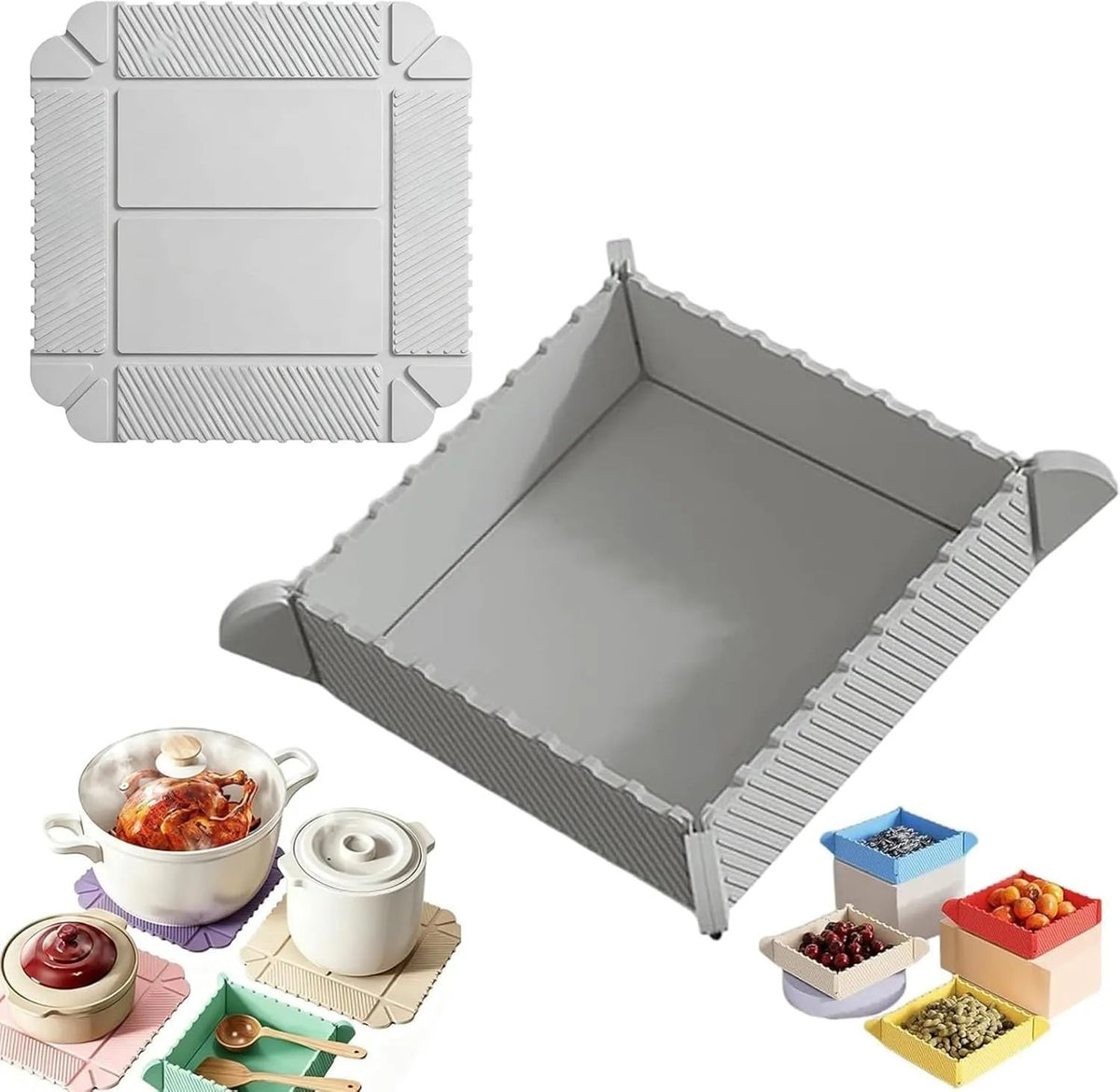 2 in 1 Foldable Magnetic Silicone Trivet & Serving Tray, Food Grade Heat Resistant Non-Slip Collapsible Mat for Kitchen, RV, Camping, Picnic