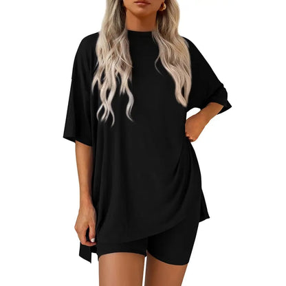 🔥Last Day 60% OFF🔥Crewneck Two-Piece Set For Women Summer Casual Oversized Split Hem Shirts