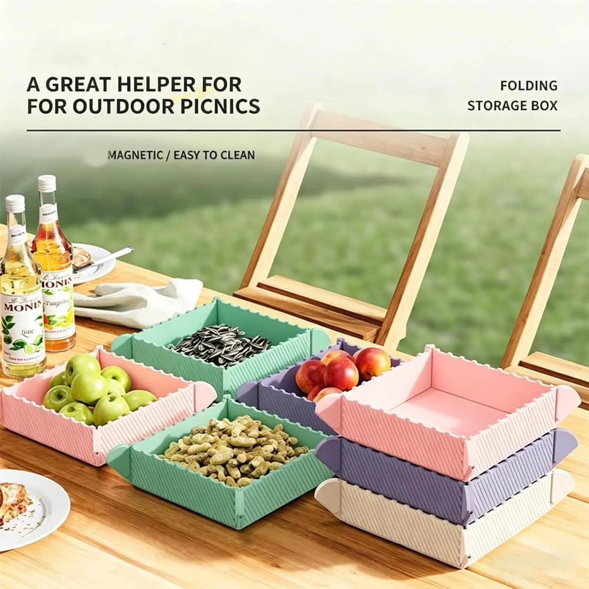 2 in 1 Foldable Magnetic Silicone Trivet & Serving Tray, Food Grade Heat Resistant Non-Slip Collapsible Mat for Kitchen, RV, Camping, Picnic