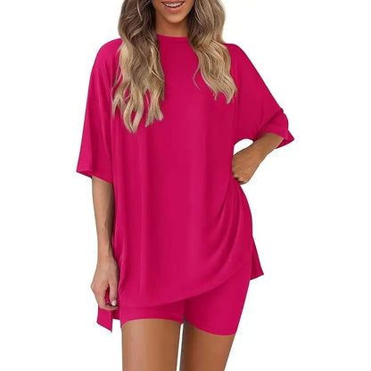 🔥Last Day 60% OFF🔥Crewneck Two-Piece Set For Women Summer Casual Oversized Split Hem Shirts